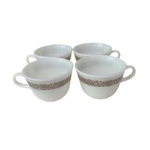 Pyrex Woodland Brown 4 Milk Glass Coffee Mugs 1978- 1983 Vintage Kitschy Collect